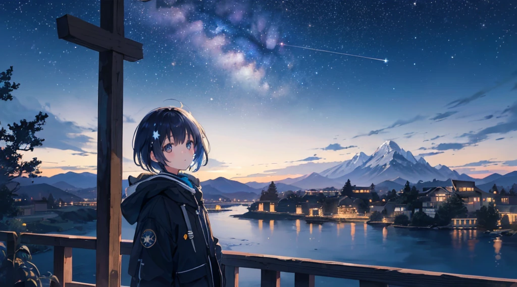 1 girl,octans, sky, star (sky), scenery, starry sky, night, 1girl, night sky, solo, outdoors, building, milky way, 空を指さす、short hair, silhouette, mountain, looking at sky, 8k, beautiful night sky, ray tracing, masterpiece, cute face