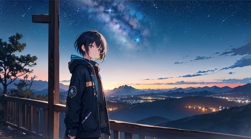 1 girl,octans, sky, star (sky), scenery, starry sky, night, 1girl, night sky, solo, outdoors, building, milky way, 空を指さす、short hair, silhouette, mountain, looking at sky, 8k, beautiful night sky, ray tracing, masterpiece, cute face