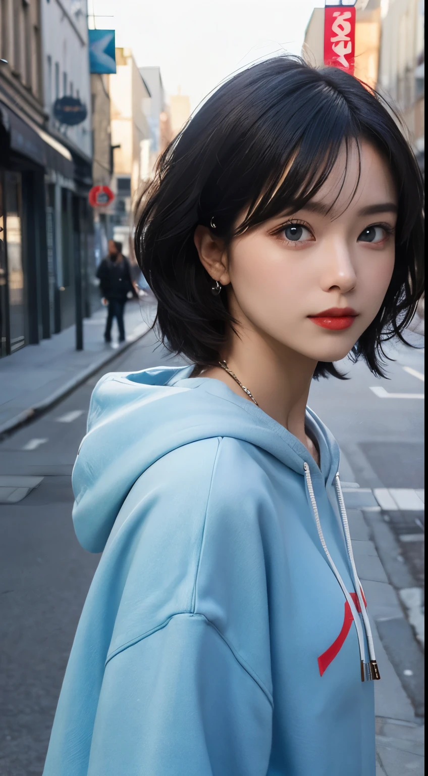 One cool woman, Very short black hair, blue eyes, city, Absurd, High resolution, Super sharp, 8k, masterpiece, View your viewers,Please wear street style hoodies.,unisex,Cool eyes