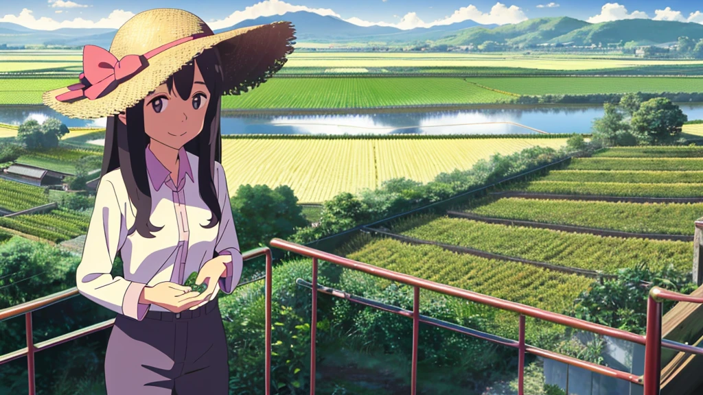 View from the summit,Small seedlings growing in rice paddies,Rice cultivation,Rice transplanter,Poor quality work clothes,Long sleeves and trousers,Ai Fukuhara,Purple long hair,Large Breasts,最高のsmile,smile,Straw hat