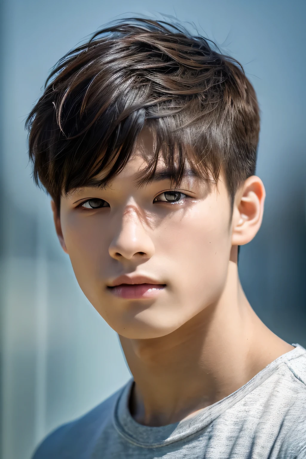 Highest quality, masterpiece, Ultra-high resolution, (Realistic: 1.4), Original photo, wallpaper, Head Photo, skin, Simple Background, Iris, detailed, Selfie, 1 boy, 18-year-old, good looking, Wind,So to speak,