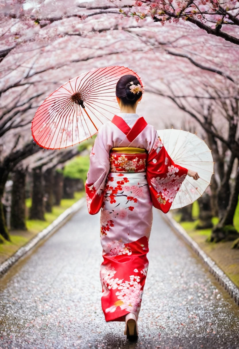 A beautiful woman wearing a kimono walking through a flurry of cherry blossoms，umbrella