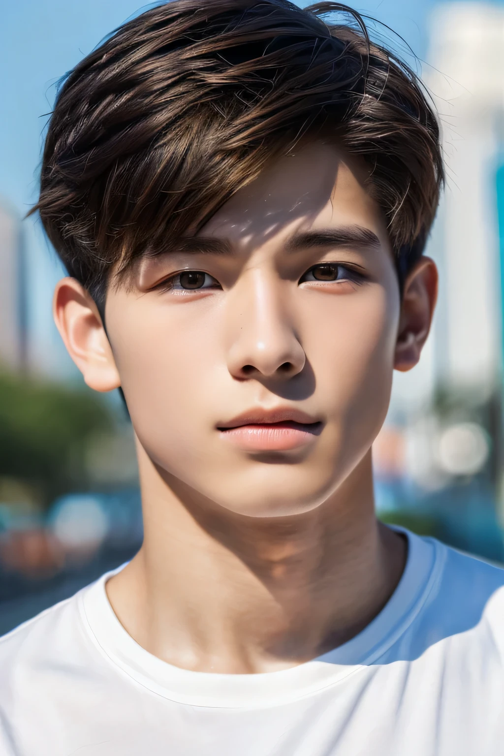 Highest quality, masterpiece, Ultra-high resolution, (Realistic: 1.4), Original photo, wallpaper, Head Photo, skin, Simple Background, Iris, detailed, Selfie, 1 boy, 18-year-old, good looking, Wind,So to speak,