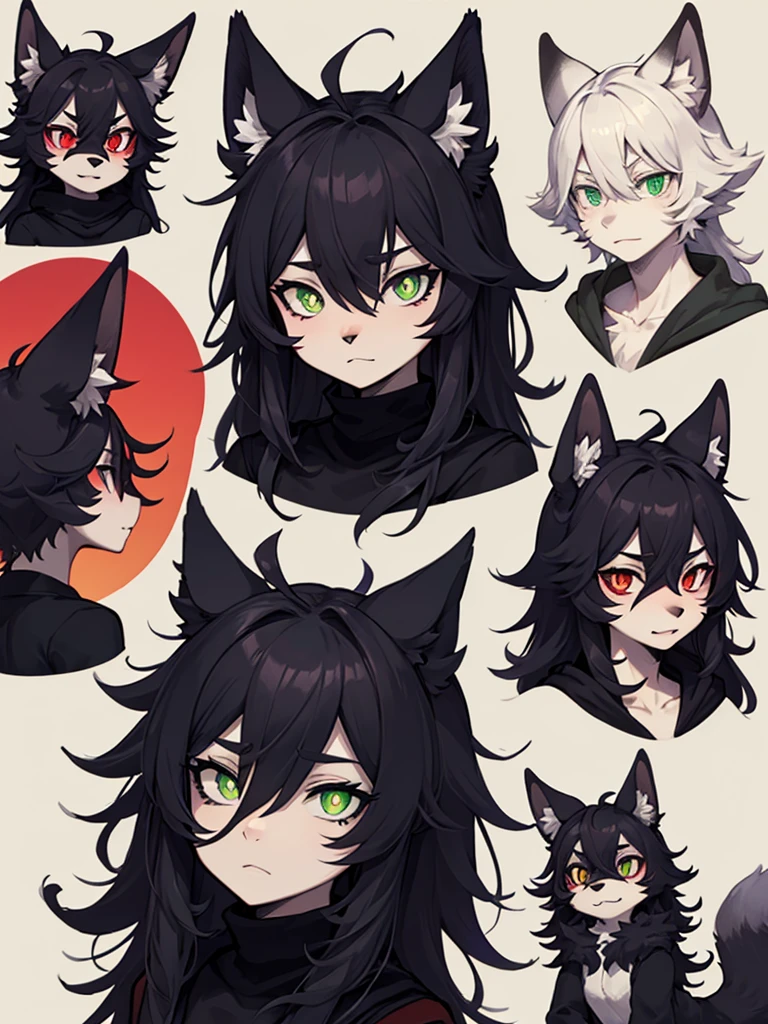 collage style,dark、Depression,Full of weird elements,Red wolf furry, Green pupils,black sclera,Desperate style