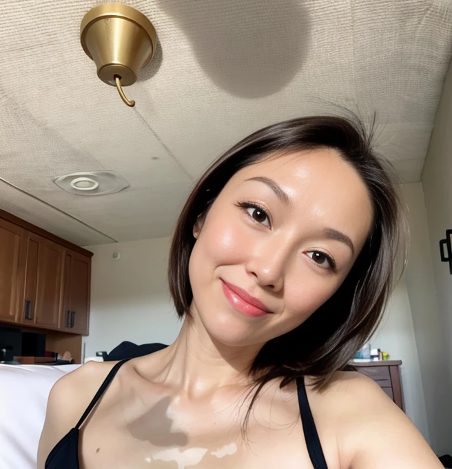 45-year-old Japan beauty,Perfect Eyes,No underwear on、Short cut with smooth and shiny hair、Her hair is light pink、Realistic 3D images,Bust is very very very small、Full body nude image、The background is a room in an abandoned building、High resolution、high resolution、Poses that emphasize breasts、high resolution写真、Her lips are a light orange color with a lustrous shine.、Hairless genitals、Clear, sharp images of the lower body、Masterpiece 8K(1.3)、Having sex、Penis inserted into vagina in missionary position、Lying in bed、Smiling