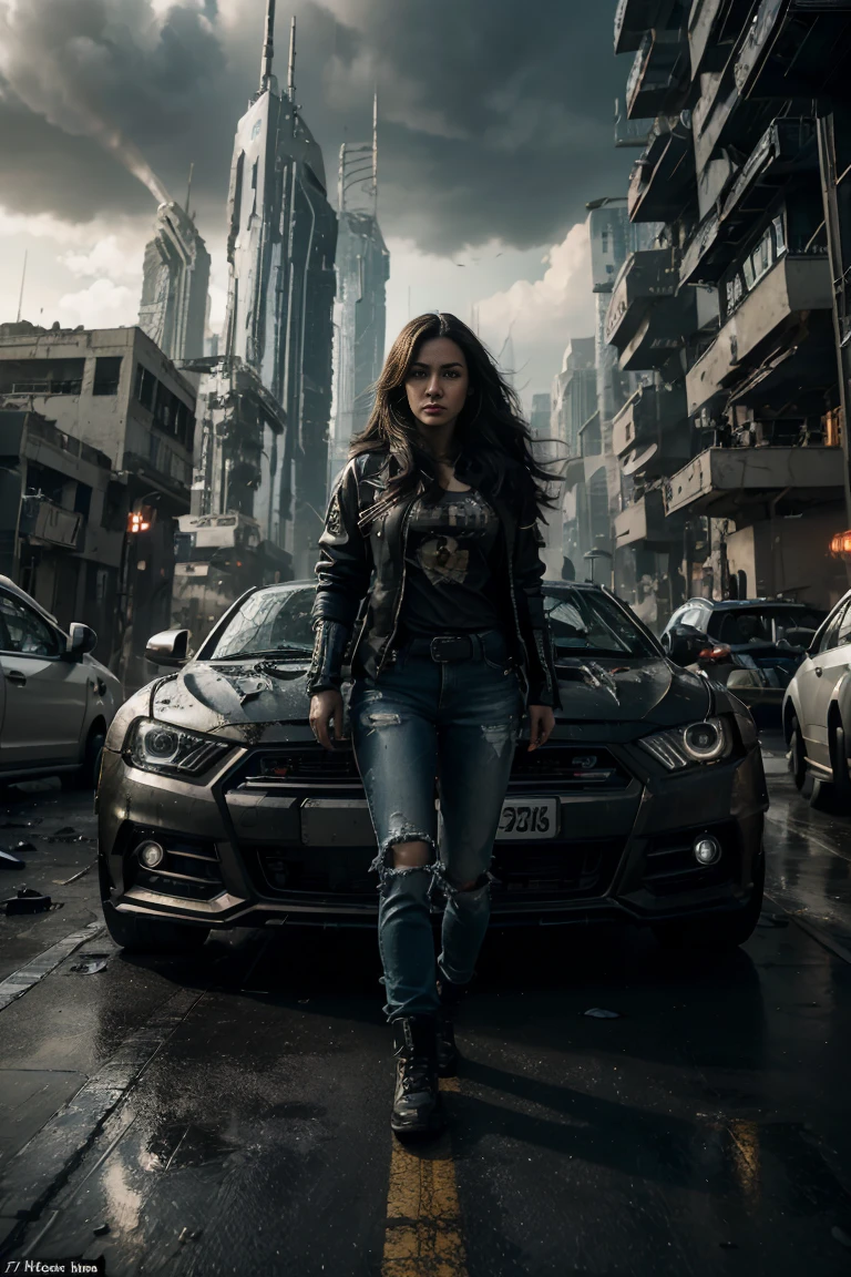 (Highest quality, Ultra HD, 16k, Masterpiece) A powerful girl walks confidently in front of her rugged, futuristic car amidst a chaotic and war-torn metropolis. The shot is a medium to long view, capturing her determined presence and the complete surroundings around her. She gazes ahead with a fierce, unyielding expression, embodying strength and resolve. She wears a fitted tshirt under a stylish jacket and jeans pants, her attire blending practicality with a touch of modern flair. The jacket is detailed with guns, rifles, and utility pockets, enhancing her battle-ready appearance. Her hair is tousled and windswept, adding to her dynamic presence. The car behind her is a heavily modified, armored vehicle, its exterior scarred from countless battles. It stands as a testament to her resilience and resourcefulness, with various gadgets and weapons mounted on its frame. The car's sleek, yet rugged design complements the overall gritty atmosphere. In the background, the entire skyline of the metropolis is visible, partially obscured by smoke and ash. Skyscrapers tower amidst the chaos, many of them heavily damaged with gaping holes and crumbling facades. Explosions light up the scene, casting an eerie glow over the widespread destruction. Spaceships hover menacingly in the sky, engaged in fierce aerial battles, their sleek designs contrasting with the devastation below. The ground is littered with debris and remnants of destroyed structures, adding to the sense of a world torn apart by conflict. Scraps of metal, shattered glass, and remnants of vehicles are scattered across the landscape, emphasizing the scale of destruction. The lighting is dramatic, with sharp contrasts that highlight the textures of her attire and the metallic surface of her car. The interplay of light and shadow emphasizes the intense expression on her face and the chaos in the background. Hollywood action movie. Action film, ((tshirt)), (((fully covered tshirt))), (((jacket on top))), (((guns)))