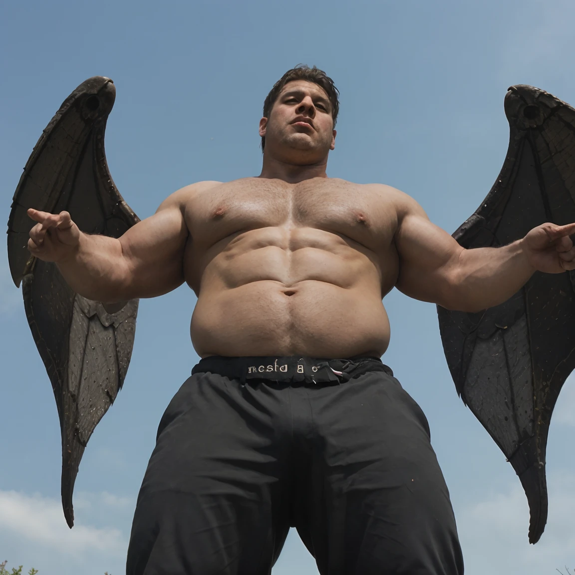 mothman, male, muscular, big belly, swollen belly, prominent belly, MOTHMAN SHAPE, view from below