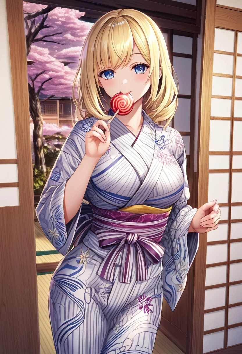 A blonde bob girl is wearing a yukata Of flower pattern(Glittering yukata) and eating apple candy(Japanese Ringo candy),Please draw a beautiful and magnificent picture of the big Ringo candy.masterpiece,best quality,ultra-detailed, illustration, detailed light,an extremely delicate and beautiful,dynamic