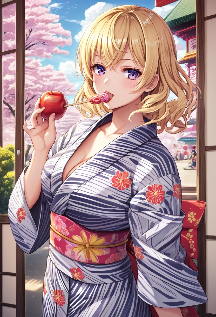 A blonde bob girl is wearing a yukata Of flower pattern(Glittering yukata) and eating apple candy(Japanese Ringo candy),Please draw a beautiful and magnificent picture of the big Ringo candy.masterpiece,best quality,ultra-detailed, illustration, detailed light,an extremely delicate and beautiful,dynamic