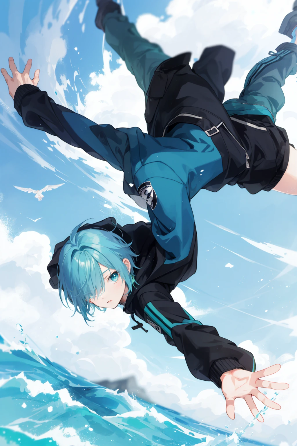 1 boy, 16 years old, short hair, hair over one eye, aqua hair, flipped hair, turtle neck, cargo shorts, hooded jacket, flying,
