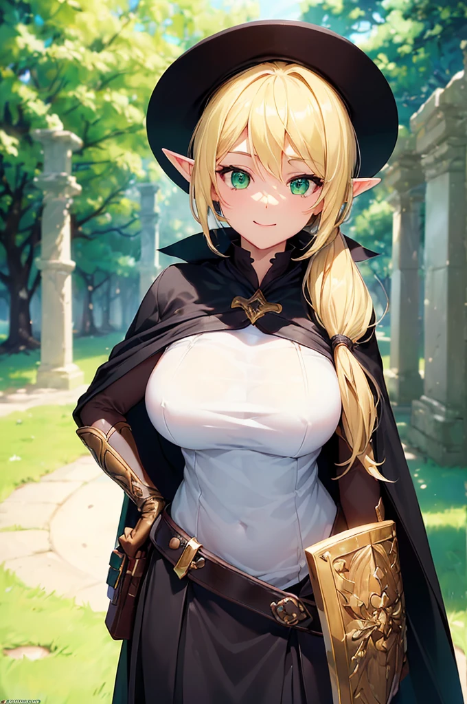 (((masterpiece; best quality: 1.2))), (finely detailed eyes: 1.3), (25 year old elf woman), (solo), (green eyes: 1.4), (body; big breasts, fit, femenine: 1.3), (silky blonde hair in low ponytail: 1.3), (beautiful and clear background: 1.2), ((depth of field)), (equipment: adventurer garb + modest + elegant wide-brim hat + dark blouse + dark cape + black long skirt + gloves + belt + pouches: 1.3), (anime illustration: 1.2), (background composition; royal garden: 1.1), (extremely fine and beautiful: 1.1), (shot composition; standing + centered on torso + close-up: 1.5), (expression; calm, smile: 1.2)