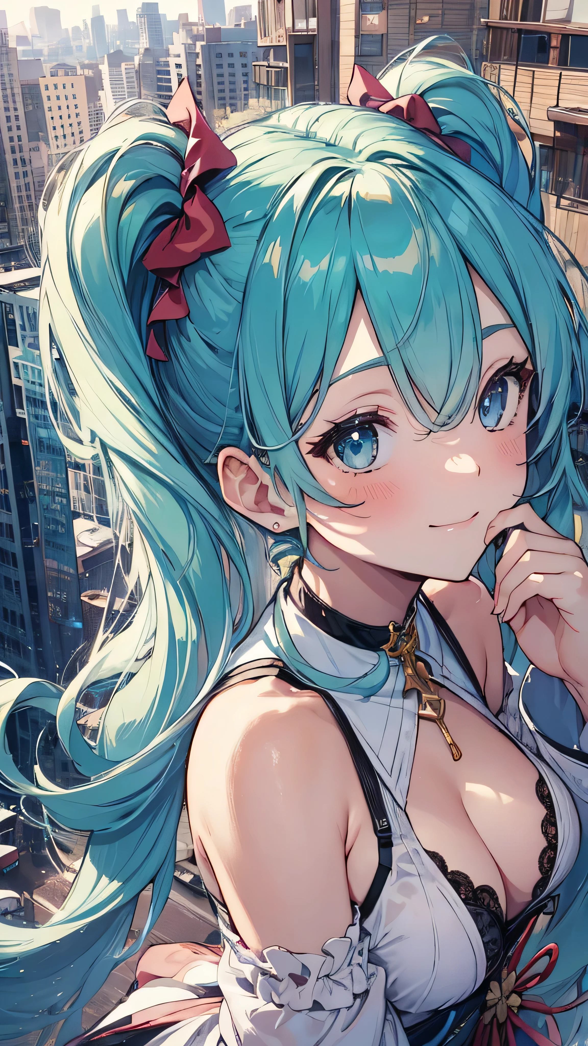 soles, masterpiece, Hatsune Miku, 1 person, solo, hair inhalation, face up, blue sky, glow white particle, (sidelighting:1.2), sun rise , pink cloud, detailed clouds, slender, Lovely small exposed breasts, super cute smile with teeth, red cheek, blushing, beautiful green hair, magic light, deep shiny blue eyes, cute girly pause, Draw your breasts inward and push them up, choker, extremely beautiful see-through kimono, exposed breasts, green tie ,on the roof of building, super detailed beautiful Kyoto view background, wide shot, give wink, giving peace sign, jumping, fun