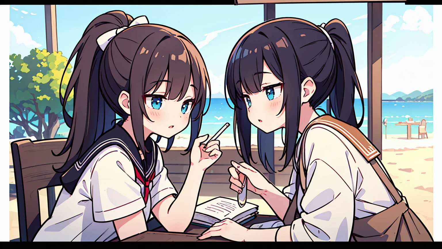 (masterpiece, best quality),Two women with different faces and hairstyles, different hair colors, different faces, ponytail, letterboxed, perfection of fashion,chapped lips, casual attire, upper body, from the side,Cafe with terrace on the white sand beach,Teaching students to study at the table, eyes look at the note, together, stylish outfit,

