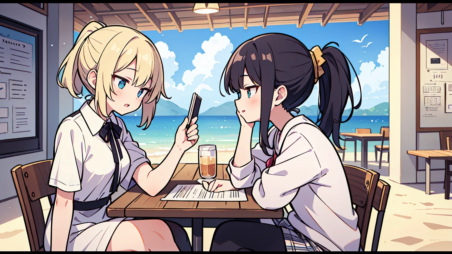 (masterpiece, best quality),Two women with different faces and hairstyles, different hair colors, different faces, ponytail, letterboxed, perfection of fashion,chapped lips, casual attire, upper body, from the side,Cafe with terrace on the white sand beach,Teaching students to study at the table, eyes look at the note, together, stylish outfit,
