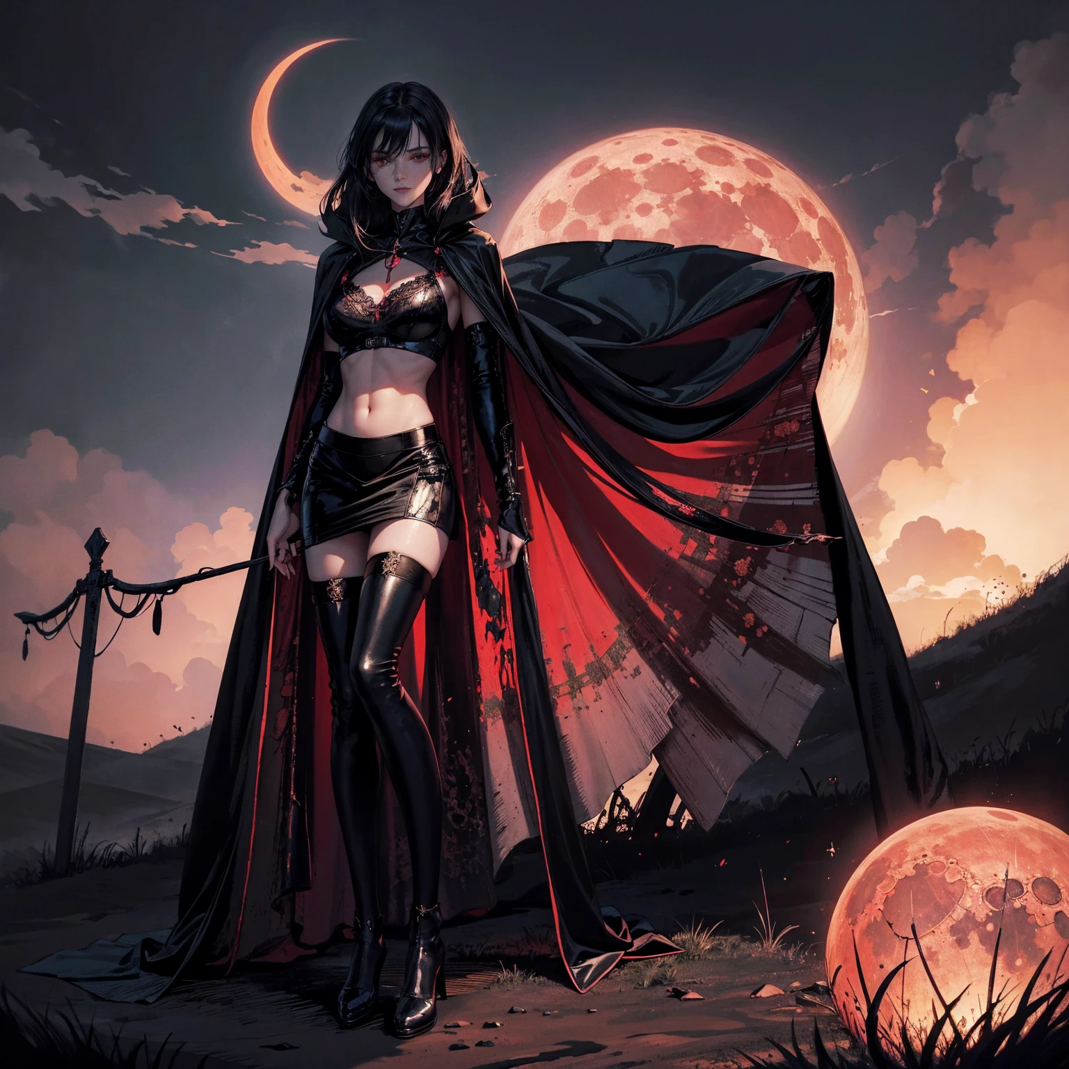 best quality, 4K, high resolution, masterpiece:1.2, Very detailed, actual:1.37, Mood lighting, Girl in a long cape, Only wearing a reflective rubber bra and a reflective latex skirt and a pair of knee-high stockings, Exposes the navel,Shows the skin above the chest, Dangerous sneer, Black Hair, Standing, Facing the camera, Crucified, Pitch black sky, Blood-red moon, strange atmosphere, Gothic style, Unforgettable beauty, Dramatic shadows, Ethereal Light, Mysterious atmosphere.