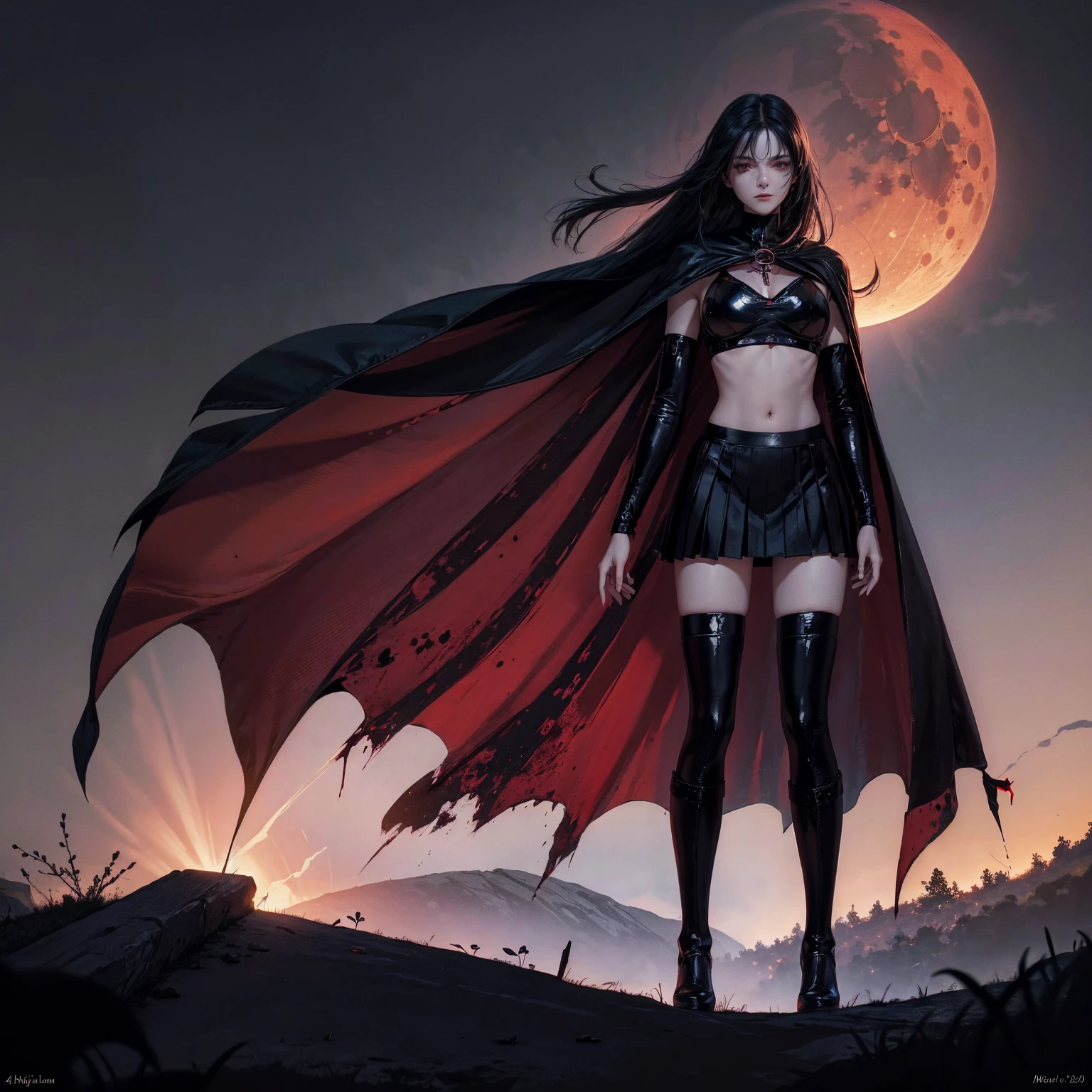 best quality, 4K, high resolution, masterpiece:1.2, Very detailed, actual:1.37, Mood lighting, Girl in a long cape, Only wearing a reflective rubber bra and a reflective latex skirt and a pair of knee-high stockings, Exposes the navel,Shows the skin above the chest, Dangerous sneer, Black Hair, Standing, Facing the camera, Crucified, Pitch black sky, Blood-red moon, strange atmosphere, Gothic style, Unforgettable beauty, Dramatic shadows, Ethereal Light, Mysterious atmosphere.
