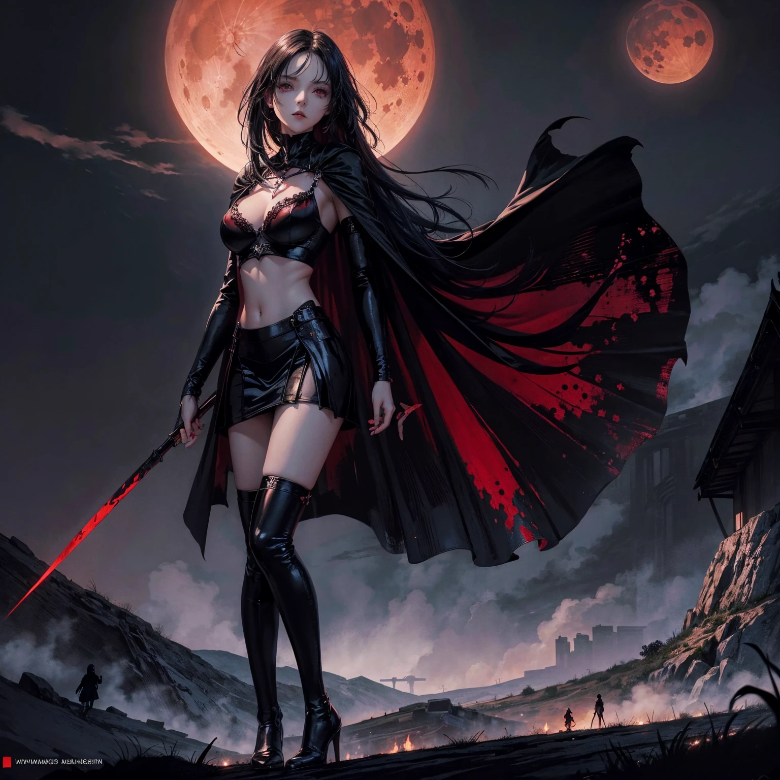 best quality, 4K, high resolution, masterpiece:1.2, Very detailed, actual:1.37, Mood lighting, Girl in a long cape, Only wearing a reflective rubber bra and a reflective latex skirt and a pair of knee-high stockings, Exposes the navel,Shows the skin above the chest, Dangerous sneer, Black Hair, Standing, Facing the camera, Crucified, Pitch black sky, Blood-red moon, strange atmosphere, Gothic style, Unforgettable beauty, Dramatic shadows, Ethereal Light, Mysterious atmosphere.