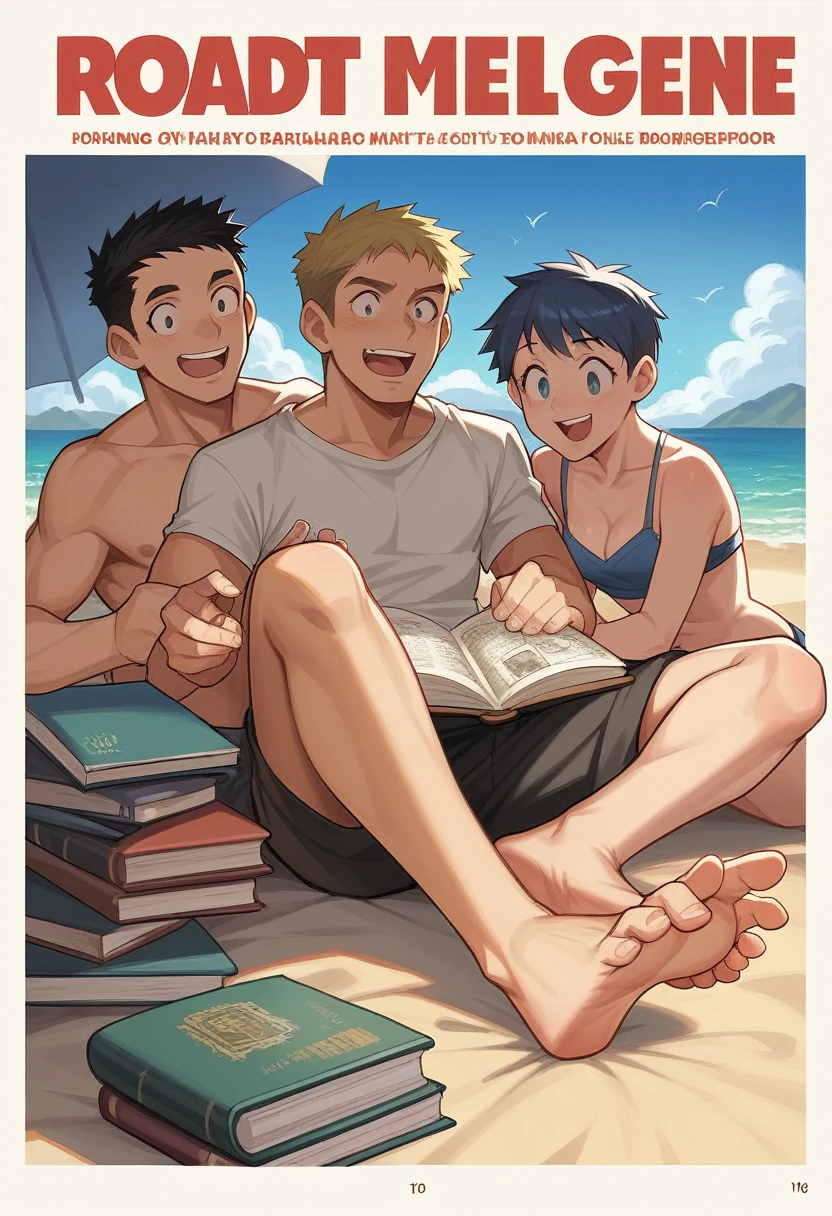 from a far, wide panorama, a group of agers were reading and writing on the beach at morning. manga style, digital art, by Marshall Arisman, cover illustration, 70mm, 7 0 mm, 70 mm, book cover illustration, by Brigette Barrager, album cover, novel cover art for a book, art concept for a book cover, cover art, 7 feet tall,