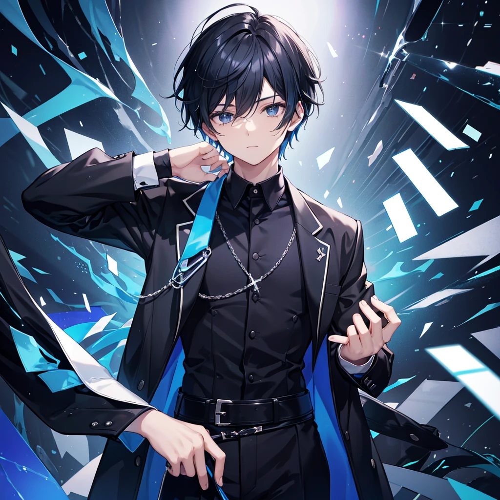 young man teenager ,Black hair has a strong blue sheen. ,Black eyes sparkling blue ,Wear fashionable black and blue shirts. ,There was a white card floating around behind it.
