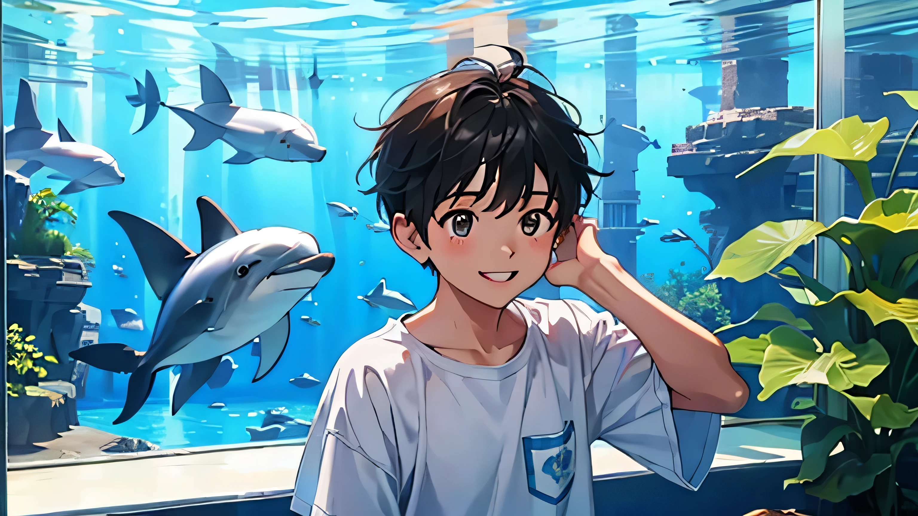 With family during summer vacation、A young boy comes to the aquarium to watch a dolphin show Your smile is cute