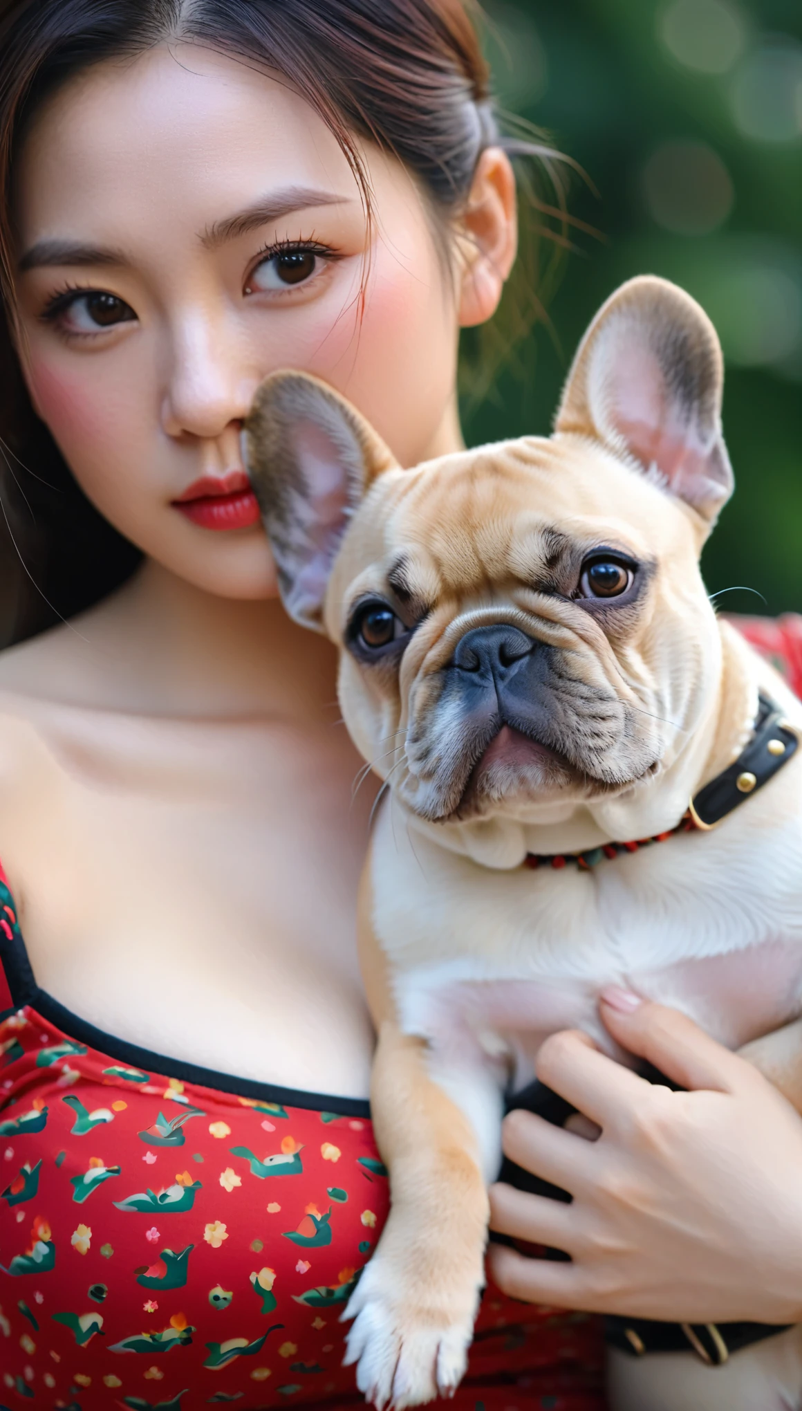 extreme close-up of beautiful beautiful korean female, 34 inch size, french braid, wearing red pattern crop top, hugging French Bulldog, bokeh background, cinematic scene, UHD