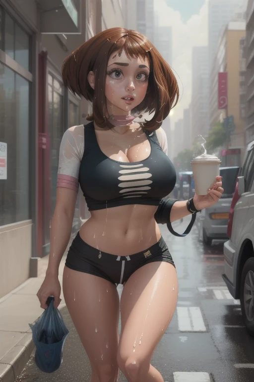 Photo of a coffee shop, wet street, buildings, busy street, cycle, garbage, Nostalgia, ultra quality, hyper detailed, Ochako Uraraka with a black thong and a T-shirt cut to the middle of her chest, breasts exposed up to half, hyper breasts