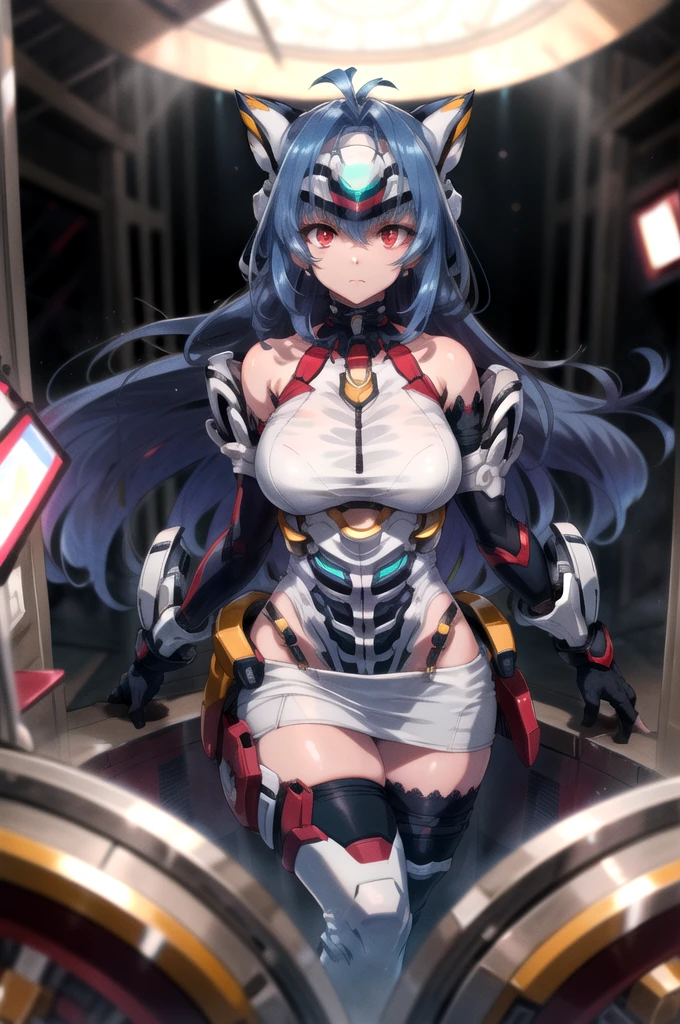 masterpiece,best quality,1girl,kos-mos,android,blue hair,red eyes,forehead protector,leotard,thighhighs,elbow gloves,bare shoulders,huge breasts,wide hips,thick thighs,expressionless,standing,crossed legs,POV,