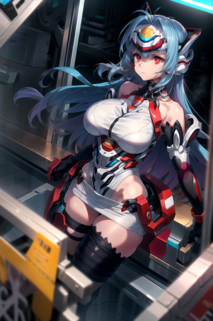 Anime girl lying on bed，Blue hair and red eyes, Biomechanical OPPAI, seductive anime girls, Detailed anime artwork, anime mecha aesthetic, perfect android girl, detailed anime art, nightcore, A scene from the《azur lane》videogame, clean and meticulous anime art, an oppai cyberpunk, Female action anime girl, Broken clothes，There are mechanical tentacles around