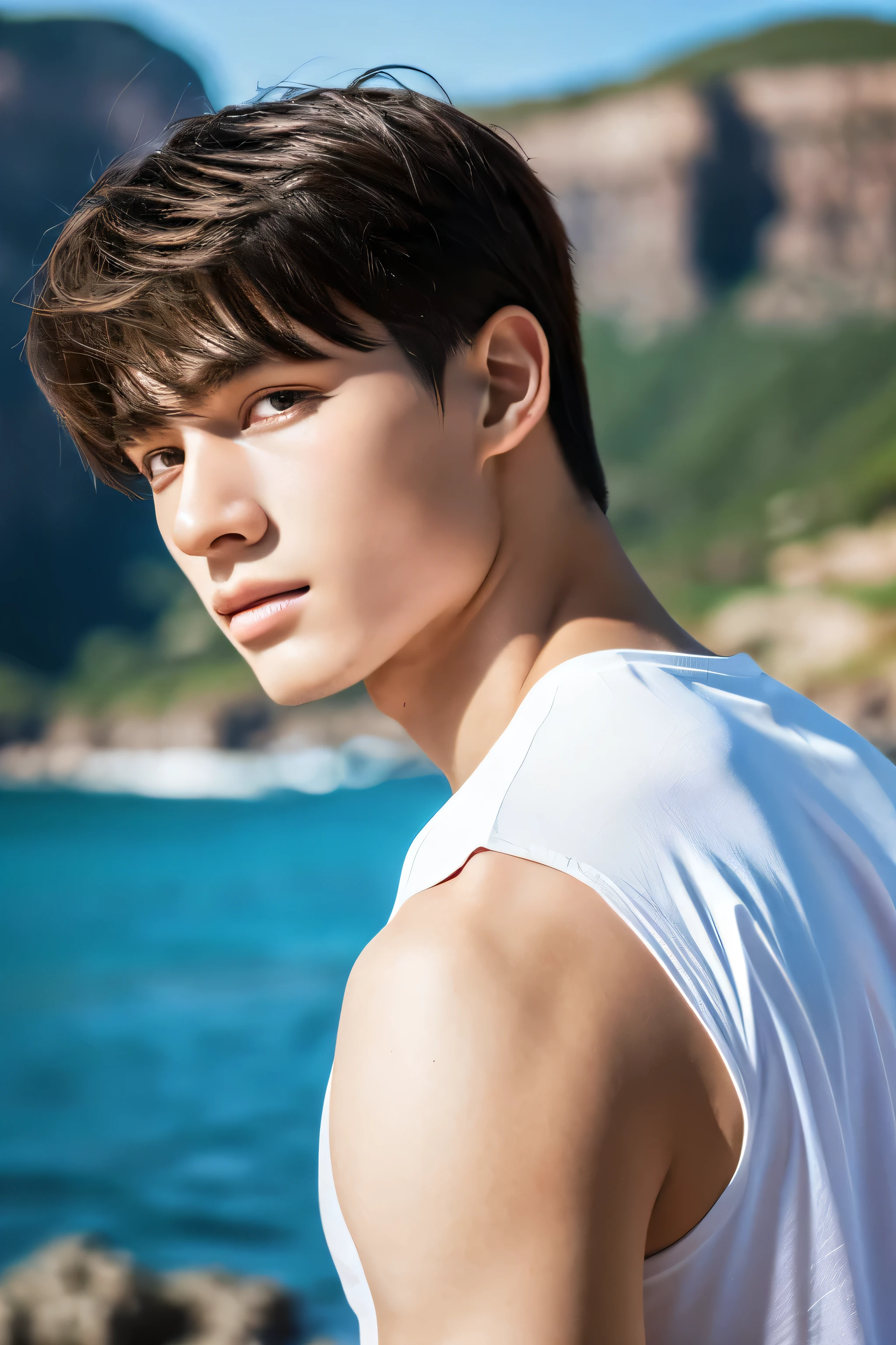 Highest quality, masterpiece, Ultra-high resolution, (Realistic: 1.4), Original photo, wallpaper, Head Photo, skin, Simple Background, Iris, detailed, Selfie, 1 boy, 18-year-old, good looking, Wind,Rocky area