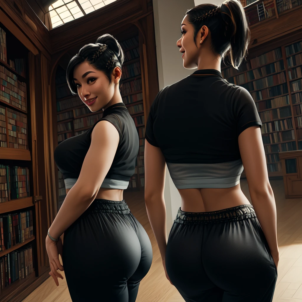 Chitose,black hair,brown eyes,short hair,ponytail,braids,short sleeve,
crop top, (feeling the rear of her pants), (in a library), smile, 
(insanely detailed,masterpiece, best quality)((solo,1girl,alone)), (big butt)