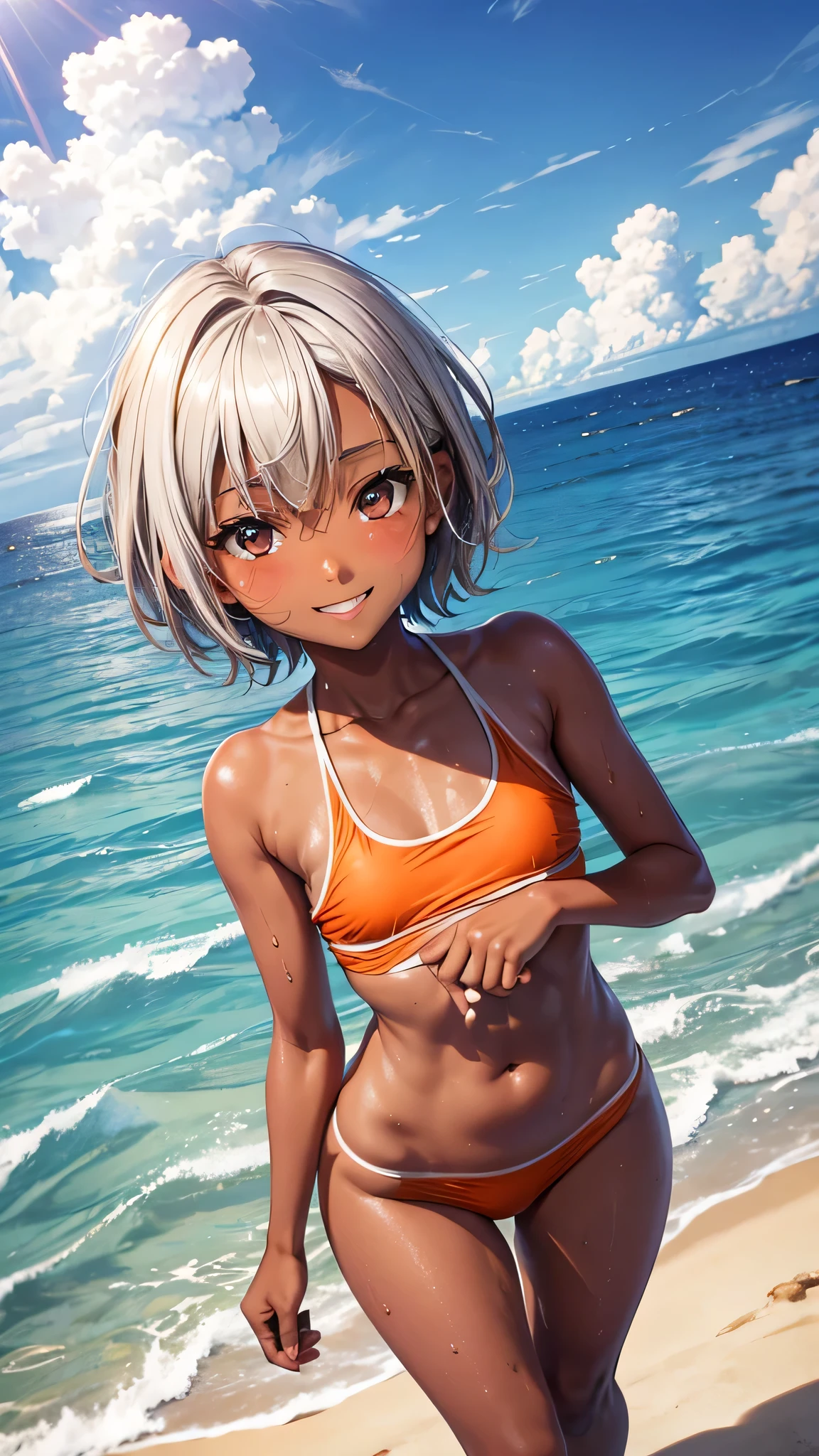 highest quality、Realistic、zoom、Chestnut Hair、Gray Eyes、short hair、Orange swimsuit、Tanned black body、Tan、Dark Skin、slender、Small breasts、Sweat、smile、Ocean、