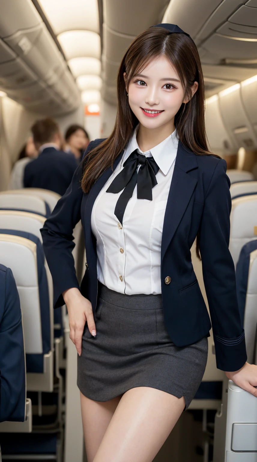 highest quality、table top、8k、best image quality、Award-winning work), two beautiful women、radiant beautiful skin , masterpiece、top-quality、The ultra -The high-definition、depth of fields、lens flare 1 girl、、brown hair, watching at viewers glares, large breasts , stewardess uniform, ( stewardess blazer:1.3), shirt, short skirt, (black high heels, model pose, view from below, smiling , flight cabin