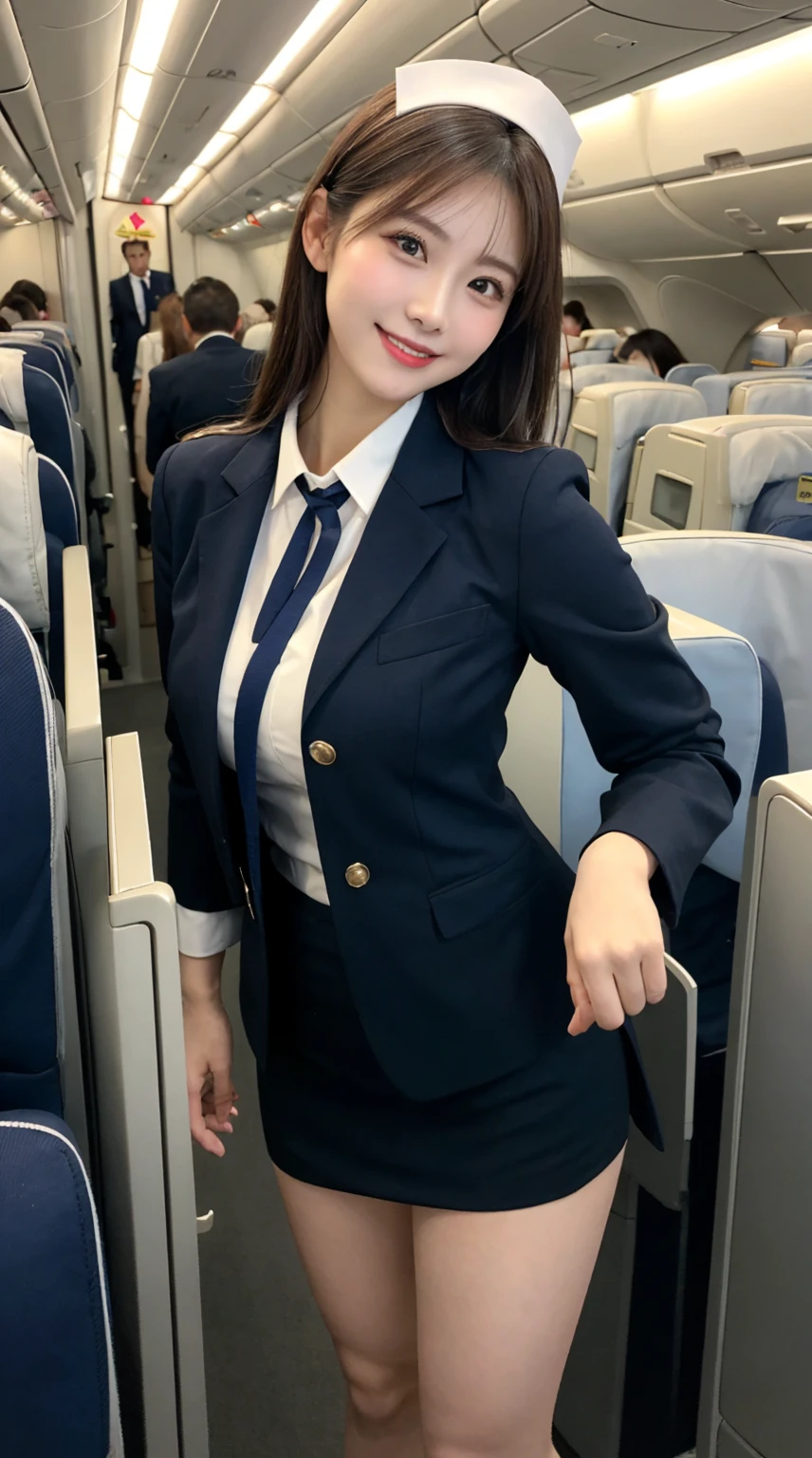 ​highest quality、table top、8k、best image quality、Award-winning work), two beautiful women、radiant beautiful skin , masterpiece、top-quality、The ultra -The high-definition、depth of fields、lens flare 1 girl、、brown hair, watching at viewers glares, large breasts ,  stewardess uniform, (  stewardess blazer:1.3),  shirt, short  skirt, (black high heels, model pose, view from below, smiling , flight cabin
