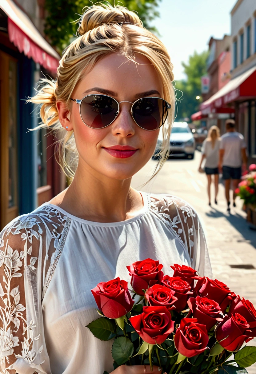 Detailed portrait of a beautiful woman walking down the street holding a bouquet of red roses, happy expression, Her blonde hair is tied up in a messy bun, (casual wear: 1.1), See-through blouse in white summer material, sunglass on head. , Flowers on the background, store, outdoor, sunny day, (best quality, 4K,8k, high resolution, masterpiece:1.2), very detailed, (realistic, photorealistic, photorealistic:1.37), HDR, uhd, studio lighting, Ultra Fine Painting, sharp focus, Physically Based Rendering, high detail, professional, vivid colors, bokeh, portrait