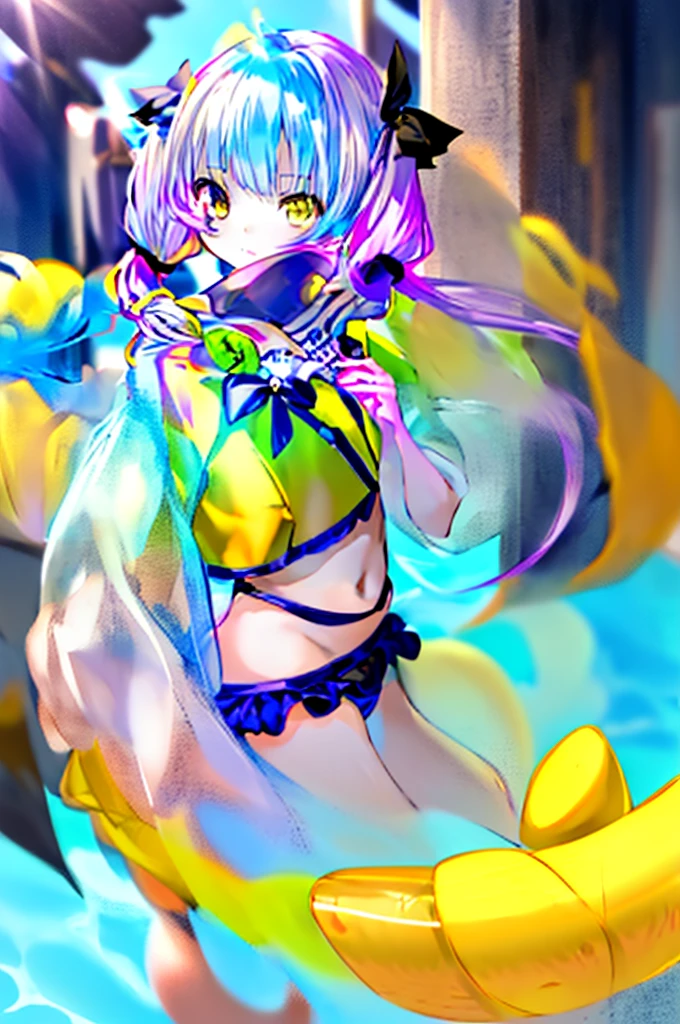 One Girl、Swimwear、bikini、(((Young face))),((Short))、(((Round face)))、(((Yellow Eyes)))、(((Light purple hair)))、((Twin tails long enough to reach the ground))、(((long hair)))、(Black Ribbon)、Ogasawara Hisame