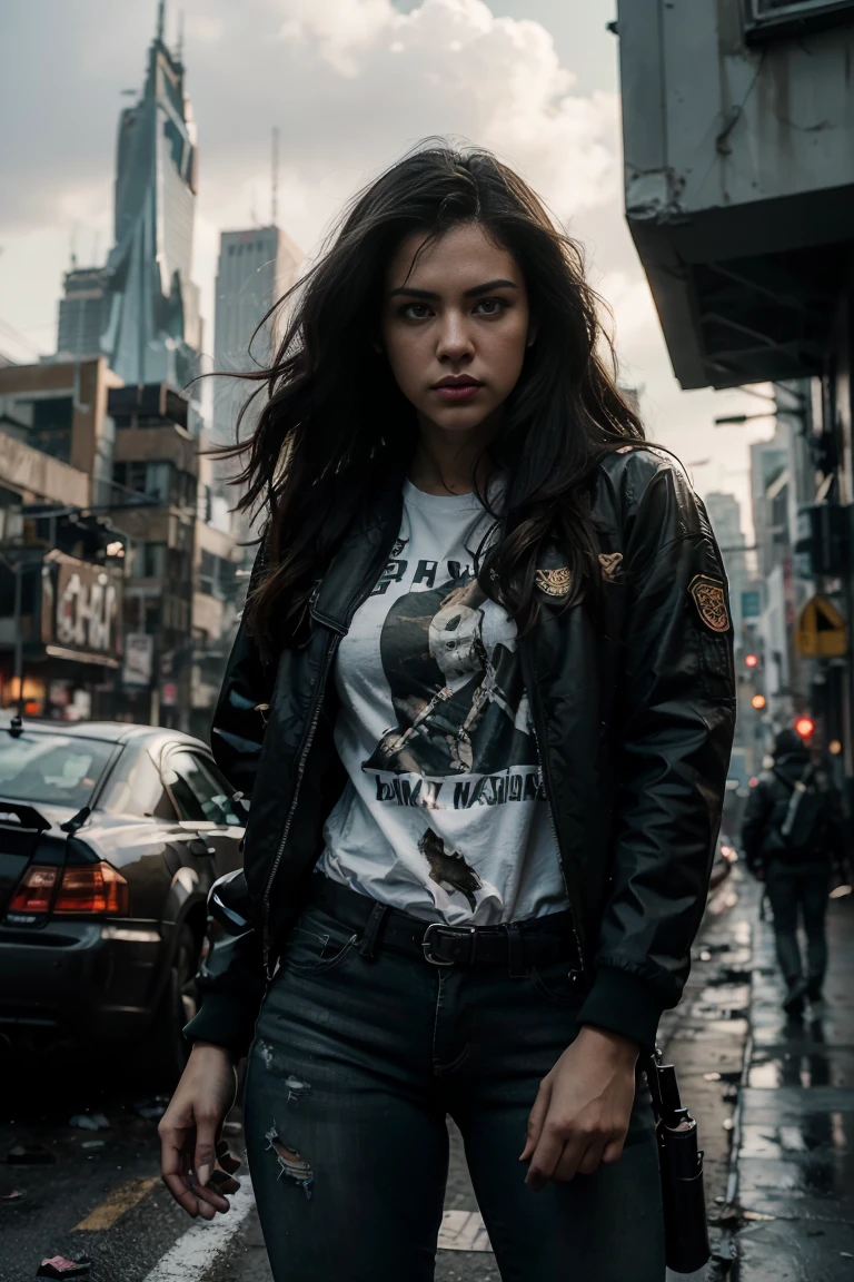 (Highest quality, Ultra HD, 16k, Masterpiece) A powerful girl walks confidently in front of her rugged, futuristic car amidst a chaotic and war-torn metropolis. The shot is a medium to long view, capturing her determined presence and the complete surroundings around her. She gazes ahead with a fierce, unyielding expression, embodying strength and resolve. She wears a fitted tshirt under a stylish jacket and jeans pants, her attire blending practicality with a touch of modern flair. The jacket is detailed with guns, rifles, and utility pockets, enhancing her battle-ready appearance. Her hair is tousled and windswept, adding to her dynamic presence. The car behind her is a heavily modified, armored vehicle, its exterior scarred from countless battles. It stands as a testament to her resilience and resourcefulness, with various gadgets and weapons mounted on its frame. The car's sleek, complements the overall gritty atmosphere. In the background, the entire skyline of the metropolis is visible, partially obscured by smoke and ash. Skyscrapers tower amidst the chaos, many of them heavily damaged with gaping holes and crumbling facades. Explosions light up the scene, casting an eerie glow over the widespread destruction. Spaceships hover menacingly in the sky, engaged in fierce aerial battles, their sleek designs contrasting with the devastation below. The ground is littered with debris and remnants of destroyed structures, adding to the sense of a world torn apart by conflict. Scraps of metal, shattered glass, and remnants of vehicles are scattered across the landscape, emphasizing the scale of destruction. The lighting is dramatic, with sharp contrasts that highlight the textures of her attire and the metallic surface of her car. The interplay of light and shadow emphasizes the intense expression on her face and the chaos in the background. Hollywood action movie. Action film, ((tshirt)), (((fully covered tshirt))), (((jacket on top))), (((guns))), (((rifles)))
