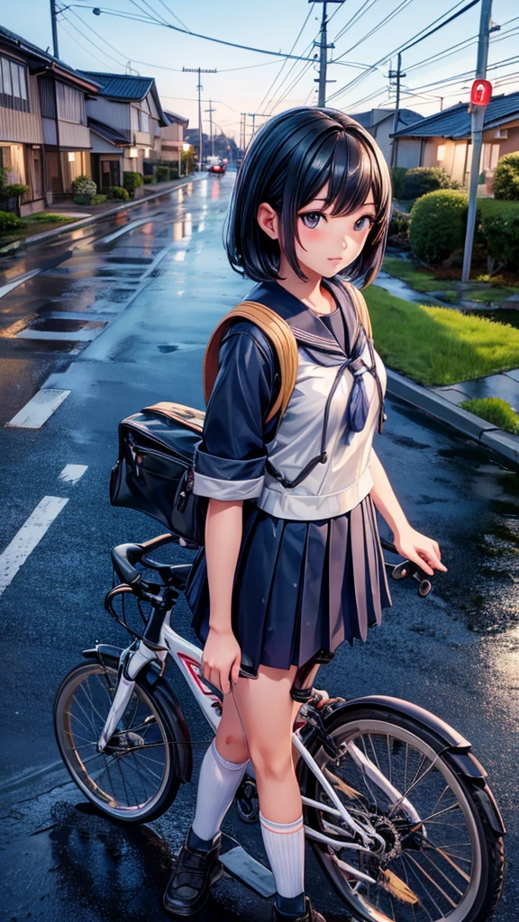 Japanese school Girl standing on wet road with bicycle down side of the street light, very detailed girl, detailed bicycle, detailed road, detailed grass, detailed light pole, camera view from side, best quality, highly detailed , masterpiece, 8k scene.