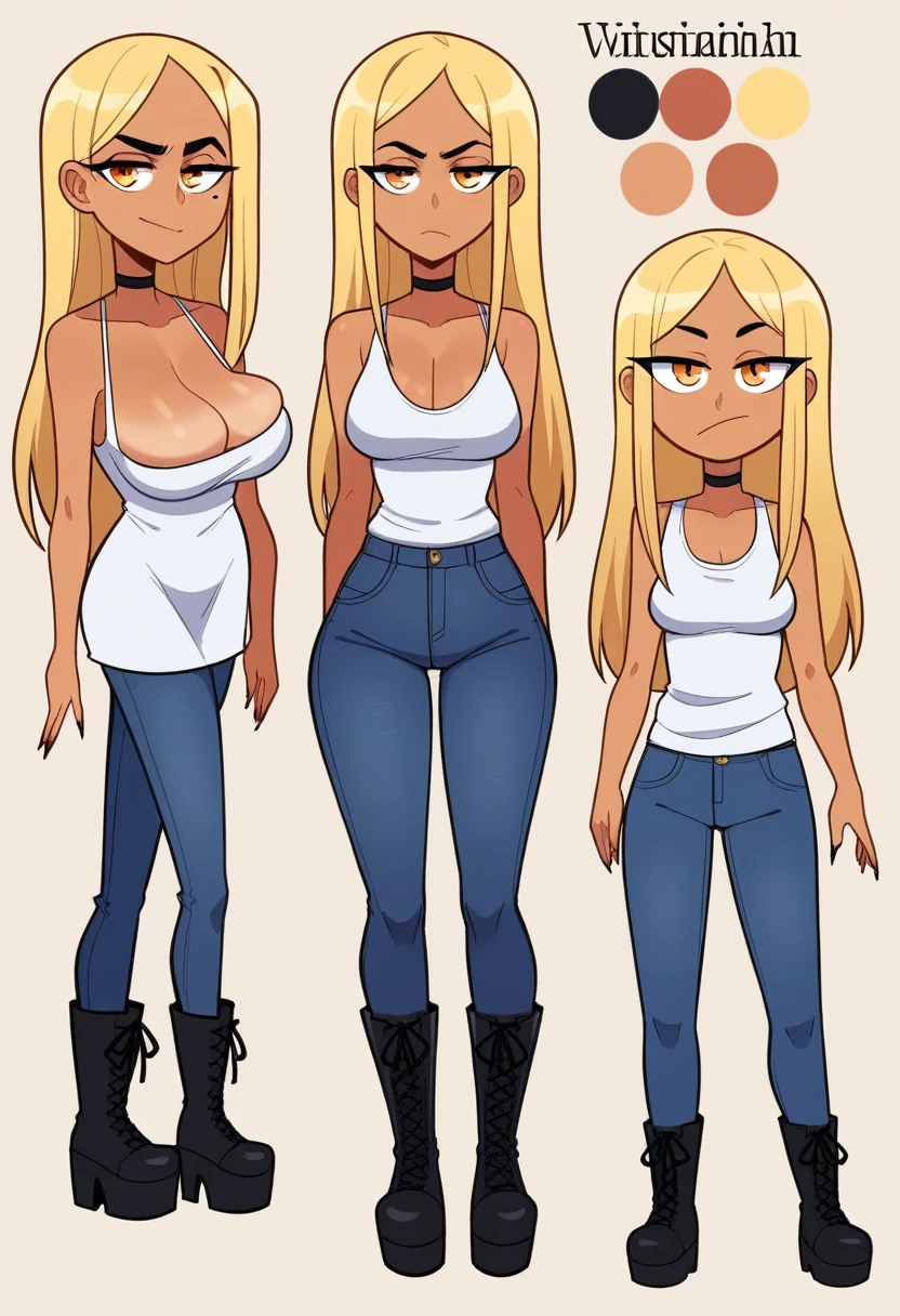 Expressiveh, egirlthot, chibiIcon, , score_9, score_8_up, score_8, (top quality,8k wallpaper),(masterpiece,best quality:1.2), ((source_anime, anime)), 1girl, , goat pupils, gyaru, ((very light blonde hair, long hair, )), old, mother, milf, , ,, tan skin, makeup, tan skin, saggy breasts, saggy, amused eyes, amused smile, , , wide eyes, jealous, jealousy, very jealous, yandere, , , blonde eyebrows, , obsessive, , black mascara, black eyeliner, yellow eyes, , , , , big sister, , large eyes, beauty mark, , giggling, laughing , , athletic , long fingernails,s1z3d1ff_t4lk, taller girl, standing, legs straight, , [[from below]:0.5], pov, eye contact, chibi, icon, cartoon, big head, wide hips, wide torso, plump, big eyes, full body, character sheet, various angles, white tanktop, denim jeans, platform boots, choker, 