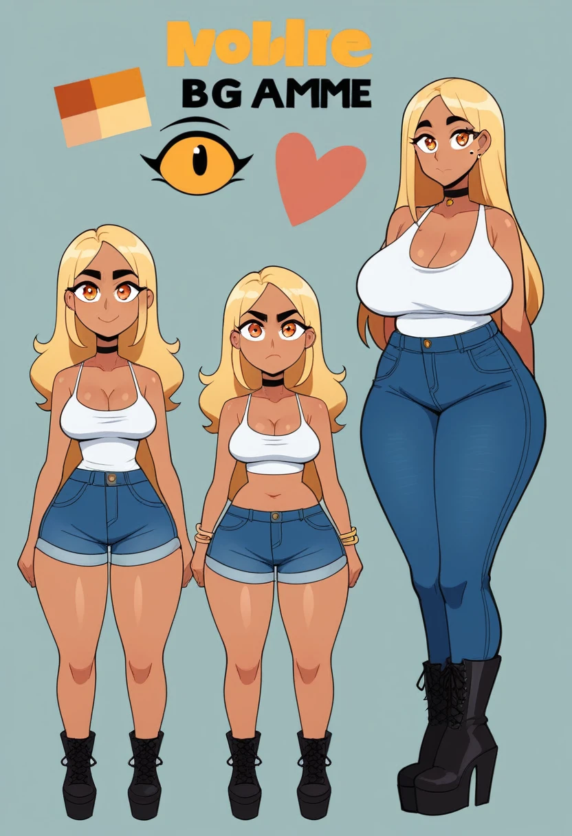 Expressiveh, egirlthot, chibiIcon, , score_9, score_8_up, score_8, (top quality,8k wallpaper),(masterpiece,best quality:1.2), ((source_anime, anime)), 1girl, , goat pupils, gyaru, ((very light blonde hair, long hair, )), old, mother, milf, , ,, tan skin, makeup, tan skin, saggy breasts, saggy, amused eyes, amused smile, , , wide eyes, jealous, jealousy, very jealous, yandere, , , blonde eyebrows, , obsessive, , black mascara, black eyeliner, yellow eyes, , , , , big sister, , large eyes, beauty mark, , giggling, laughing , , athletic , long fingernails,s1z3d1ff_t4lk, taller girl, standing, legs straight, , [[from below]:0.5], pov, eye contact, chibi, icon, cartoon, big head, wide hips, wide torso, plump, big eyes, full body, character sheet, various angles, white tanktop, denim jeans, platform boots, choker, 