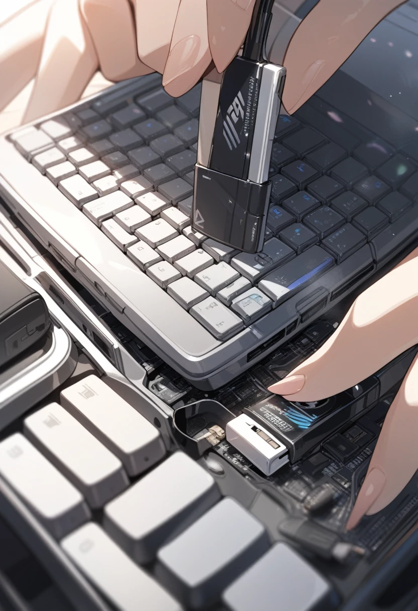 ((background only)),masterpiece, best quality, extremely detailed, ultra detailed, flat anime, 2D, close-up of a female hand, inserting a USB flash memory into a sliver laptop's side USB port, laptop keyboard is visible, the USB flash memory has a black casing,