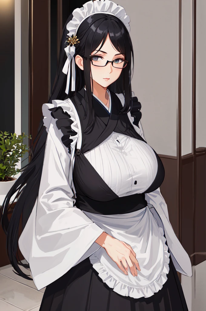 {{masterpiece}},high quality, 4K, 2D, 1 girl,{simple gray background},(attractive mature lady:1.6),milf,standing,sagging breasts,(gigantic breasts:1.5),kimono maid,front face,{{tareme}},attractive mature lady,black hair, {from right in front of face and body},View viewers from front,{front facing shot},Wear glasses,(serious:0.1)