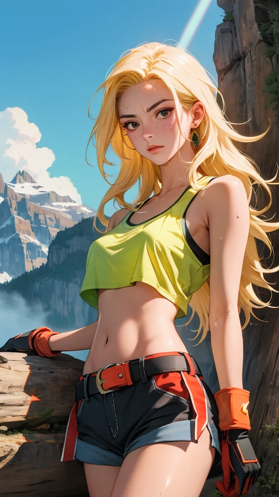 ((((masterpiece, best quality, high resolution)))), Extremely detailed 8K, 1 female, (Launch from Dragon Ball) wearing a light-green belly-baring crop tank top, yellow shorts with a red belt, brown fingerless gloves and red shoes with the Nike insignia worn with green sock, ((with a red ribbon on her hair)), (Ultra HD, Ultra-detailed, Highly detailed, Highly realistic, Ultra-realistic, photograph realistic), (1girl:1.5), (Realistic long yellow hair), (dynamic poses), facing at camera, looking at viewer, (a serious focus face), (regular black eyes, sharp eyes), (perky breasts:1.2), (beautiful detailed face, beautiful detailed eyes), ((slightly sweating)), (mountainous background), sweat, glow, (sunbeam, sunlight), ((cowboy shot)), seductive, EnvyBetterHands LoCon,