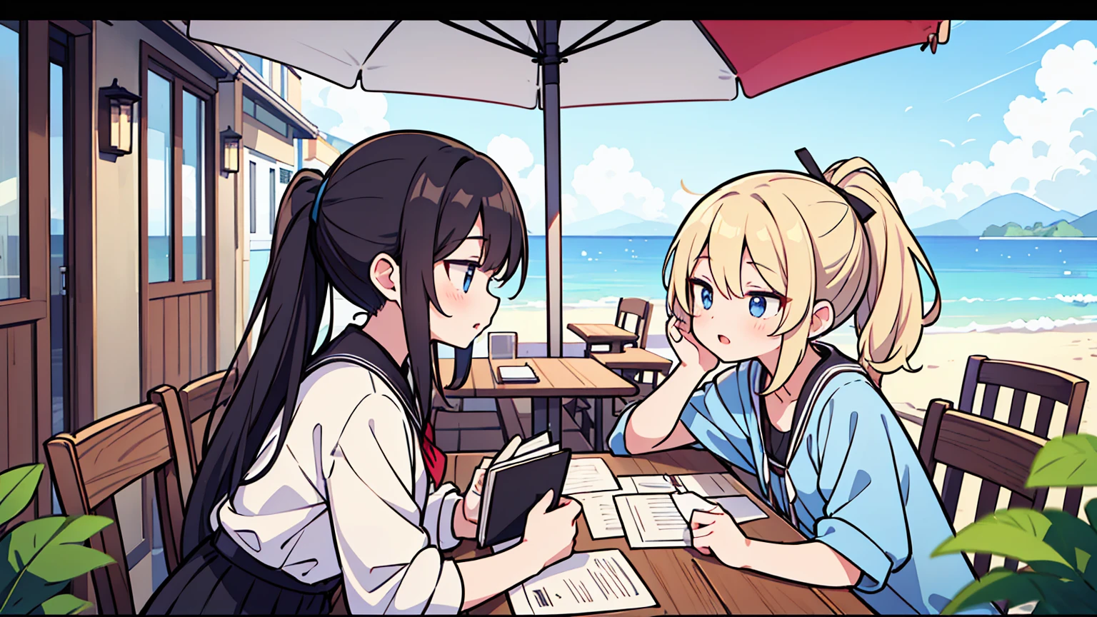 (masterpiece, best quality),Two women with different faces and hairstyles, different hair colors, different faces, ponytail, letterboxed, perfection of fashion,chapped lips, casual attire, upper body, from the side,Cafe with terrace on the white sand beach,Teaching students to study at the table, eyes look at the note, together, stylish outfit,