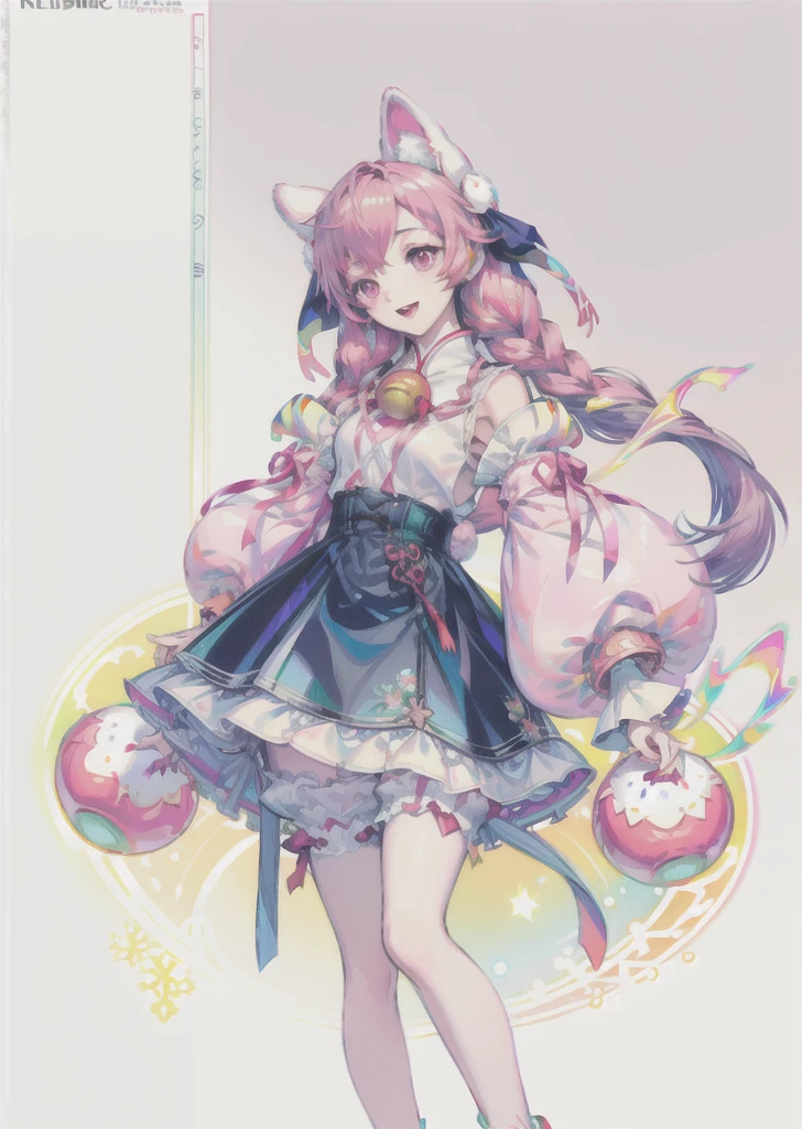 masterpiece,best quality,,(realistic:1.3),lips,eyelashes, nose,
,(atnr:1.5),(chromatic aberration:1.4) ,, 1girl, pink hair, animal ears, double bun, open mouth, fang, bell, smile, braid, chinese clothes, long sleeves, wide sleeves, dress, white legwear, bloomers, pink eyes, black dress, animal ear fluff, full body, eyebrows visible through hair, bangs, pink footwear, solo, frills, ofuda, rabbit ears, detached sleeves, shoes, jingle bell, virtual youtuber, looking at viewer, grey background, socks, underwear, :d, sleeves past wrists, blush, jiangshi, white bloomers, loose socks, blue nails, multicolored hair, symbol-shaped pupils, frilled sleeves, bow, twin braids, black bow, blue hair, stuffed toy, sidelocks, nail polish, skin fang, bandaid, standing on one leg, white background, stuffed bunny, stuffed animal, frilled dress, hair between eyes, hair ribbon, floral print