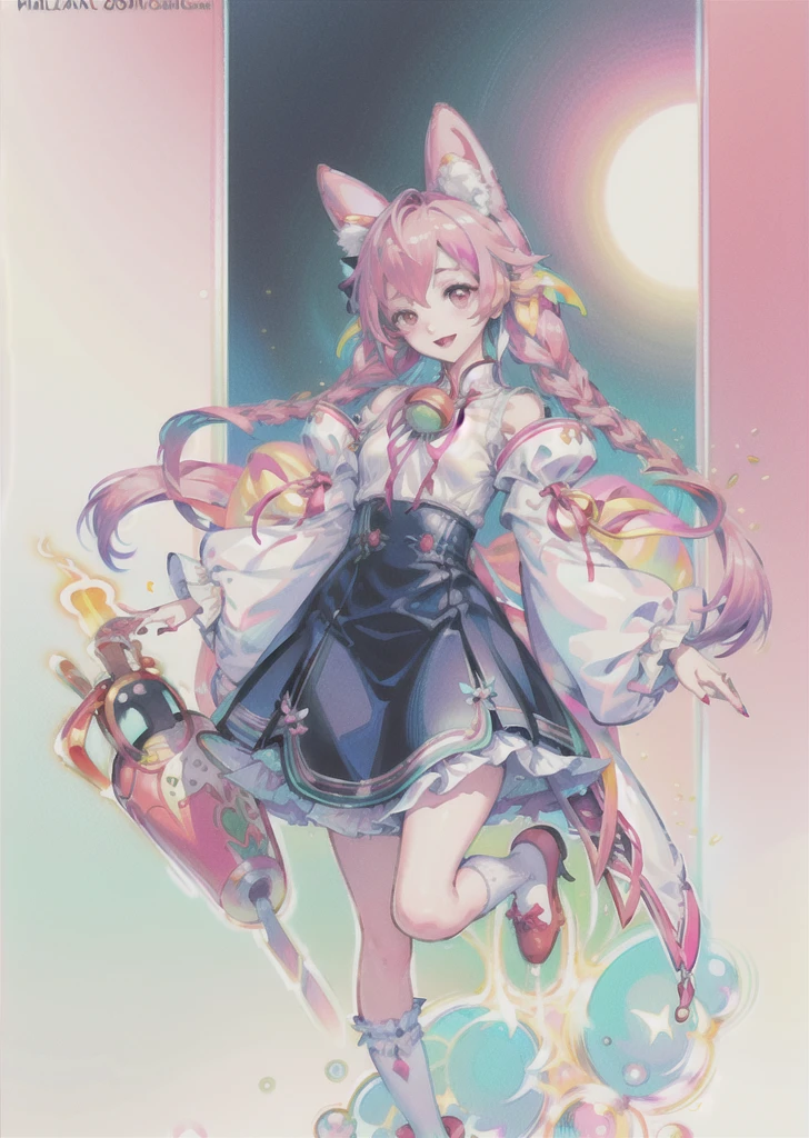 masterpiece,best quality,,(realistic:1.3),lips,eyelashes, nose,
,(atnr:1.5),(chromatic aberration:1.4) ,, 1girl, pink hair, animal ears, double bun, open mouth, fang, bell, smile, braid, chinese clothes, long sleeves, wide sleeves, dress, white legwear, bloomers, pink eyes, black dress, animal ear fluff, full body, eyebrows visible through hair, bangs, pink footwear, solo, frills, ofuda, rabbit ears, detached sleeves, shoes, jingle bell, virtual youtuber, looking at viewer, grey background, socks, underwear, :d, sleeves past wrists, blush, jiangshi, white bloomers, loose socks, blue nails, multicolored hair, symbol-shaped pupils, frilled sleeves, bow, twin braids, black bow, blue hair, stuffed toy, sidelocks, nail polish, skin fang, bandaid, standing on one leg, white background, stuffed bunny, stuffed animal, frilled dress, hair between eyes, hair ribbon, floral print