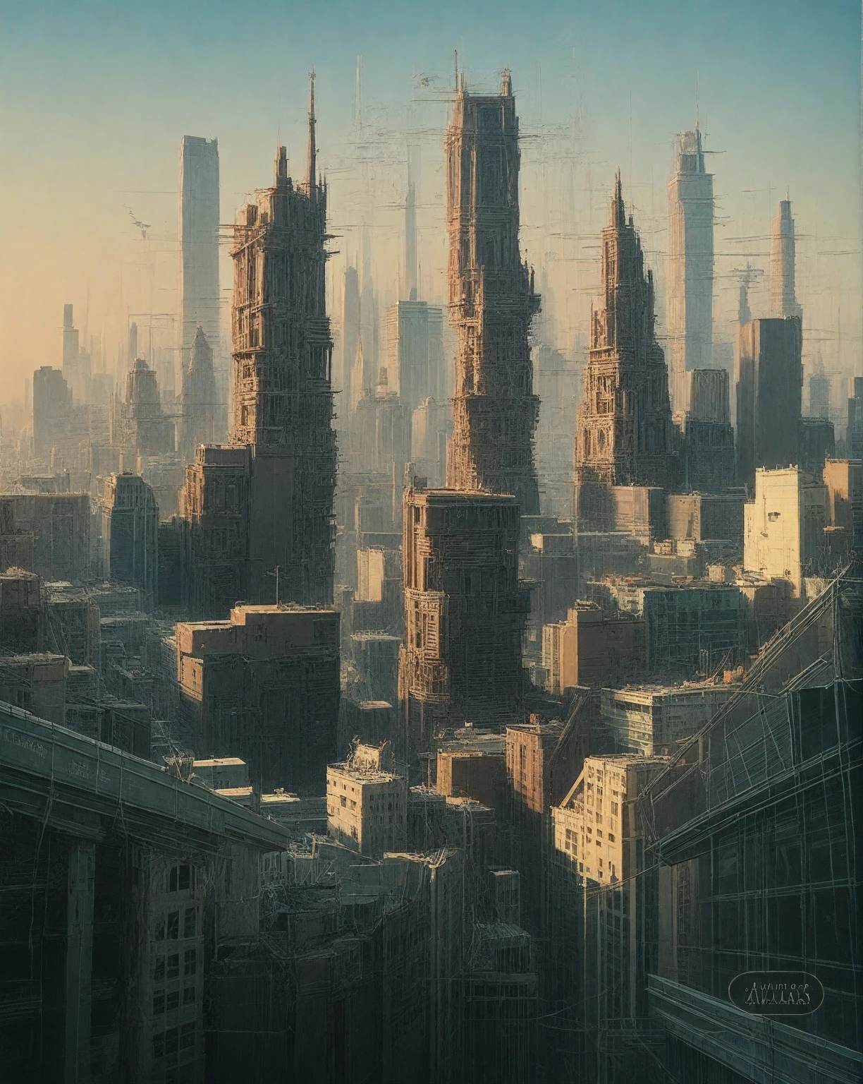 there is a drawing of a city with a clock tower, insanely highly detailed artwork, realistic painting of a complex, complex layered composition!!, expansive detailed layered city, realistic intricate concept art, big and structured valhalla city, multi layered huge architectures, insanely detailed art, atelier olschinsky, intricate cyberpunk city, intricate matte painting, intricate concept art