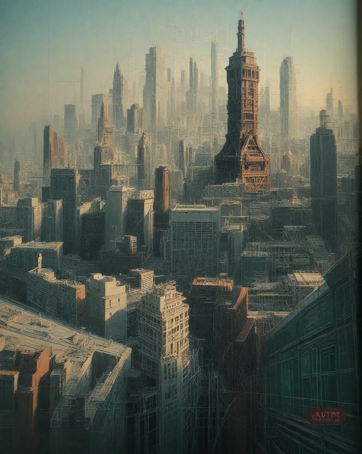 there is a drawing of a city with a clock tower, insanely highly detailed artwork, realistic painting of a complex, complex layered composition!!, expansive detailed layered city, realistic intricate concept art, big and structured valhalla city, multi layered huge architectures, insanely detailed art, atelier olschinsky, intricate cyberpunk city, intricate matte painting, intricate concept art