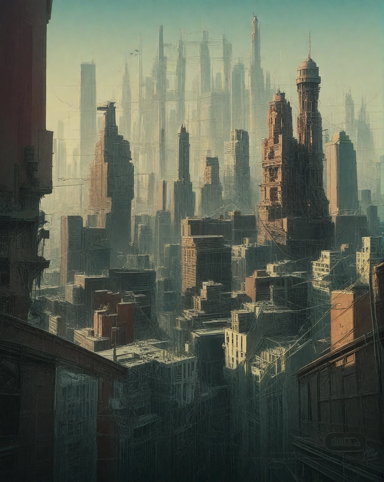 there is a drawing of a city with a clock tower, insanely highly detailed artwork, realistic painting of a complex, complex layered composition!!, expansive detailed layered city, realistic intricate concept art, big and structured valhalla city, multi layered huge architectures, insanely detailed art, atelier olschinsky, intricate cyberpunk city, intricate matte painting, intricate concept art