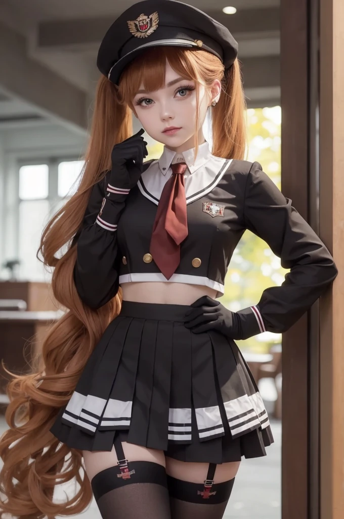 24 years old woman, Harley Qiunn, golden brown hair with two ponytails, pale skin , hat, сзади, serafuku, midriff, red neckerchief, pleated skirt, black gloves, black thighhighs, ttcolor, bokeh effect, . 