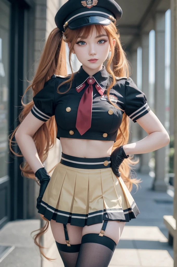 24 years old woman, Harley Qiunn, golden brown hair with two ponytails, pale skin , hat, сзади, serafuku, midriff, red neckerchief, pleated skirt, black gloves, black thighhighs, ttcolor, bokeh effect, . 